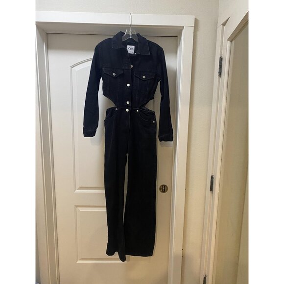 Zara Denim Jumpsuit Womens Small Black Button Front Cutout Long Sleeve Wide Leg - Picture 2 of 4